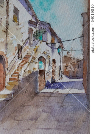 歐洲托斯卡納的小村莊水彩畫山水畫 64019810