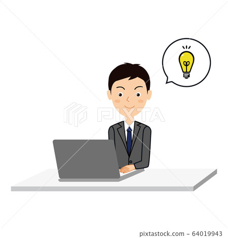 Illustration of a young male office worker using a personal computer with good ideas Illustration of a young male office worker using a personal computer with good ideas 64019943