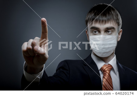 businessman in medical mask finger point touches businessman in medical mask finger point touches 64020174