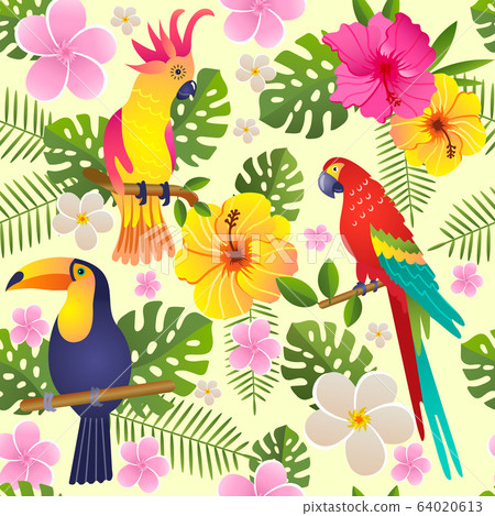 toucan and parrot sits on a flowering branch vector illustration seamless pattern toucan and parrot sits on a flowering branch vector illustration seamless pattern 64020613