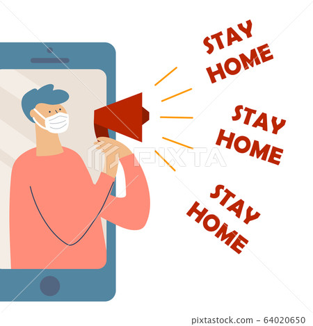 Masked man in smartphone says stay at home vector illustration Masked man in smartphone says stay at home vector illustration 64020650