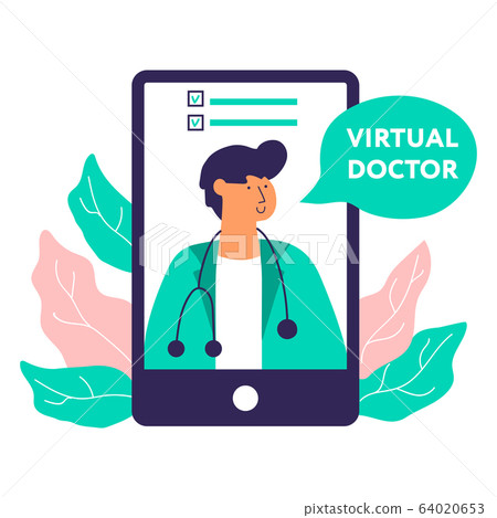 virtual doctor in smartphone, home insulation vector illustration virtual doctor in smartphone, home insulation vector illustration 64020653