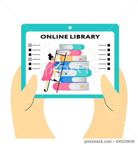 Girl climbs stairs to knowledge on a stack of books in smartphone, online library, vector 64020656