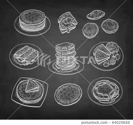 Chalk sketch set of crepes and pancakes. 64020688