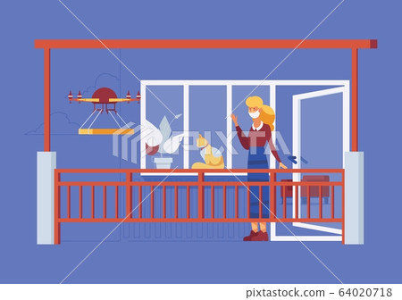 Contactless food delivery with multirotor. Woman Contactless food delivery with multirotor. Woman 64020718