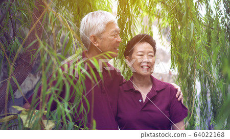 Happy retired Asian senior couple laughing under green willow tree background 64022168
