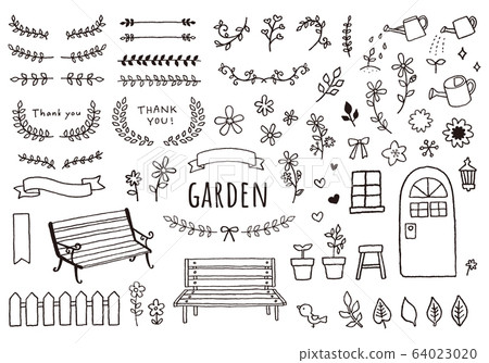 Hand drawn illustration set of flowers, leaves and bench Hand drawn illustration set of flowers, leaves and bench 64023020