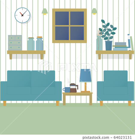 A room with small items on the sofa and shelves at night 64023131