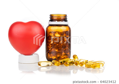 Fish oil gel capsule with bottle and heart shaped Fish oil gel capsule with bottle and heart shaped 64023412