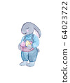 Watercolor Easter bunny with eggs and flowers. 64023722