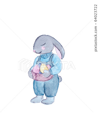 Watercolor Easter bunny with eggs and flowers. 64023722