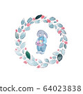 Watercolor Easter bunny with eggs and flowers. 64023838