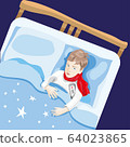 The child is ill. The boy is lying in bed with a 64023865