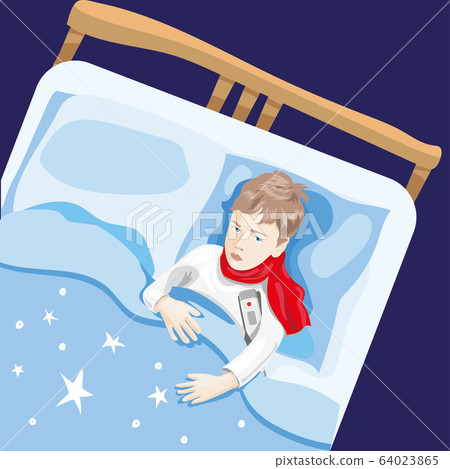 The child is ill. The boy is lying in bed with a 64023865