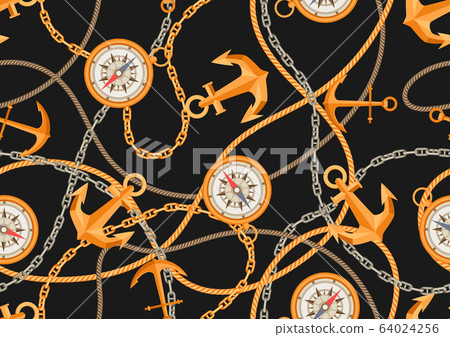 Nautical seamless pattern with sailing items, ropes and chains. 64024256