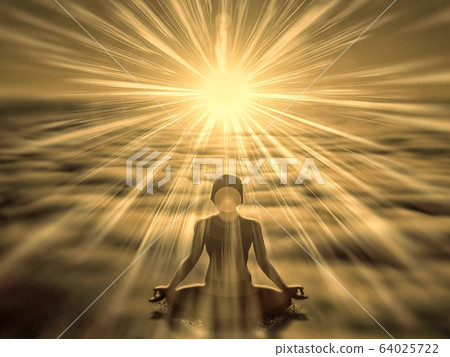 Silhouette of a person meditating in the morning sun Silhouette of a person meditating in the morning sun 64025722