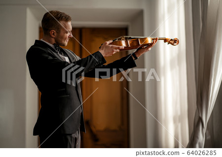 professional violinist studying and checking violin strings professional violinist studying and checking violin strings 64026285