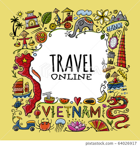Travel to Vietnam. Frame with traditional Vietnamese cultural symbols. Vietnamese landmarks and lifestyle of people. Place for your text 64026917