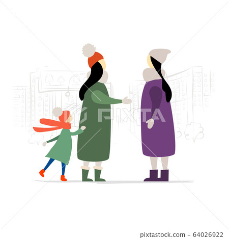 Women with Child Talking on the city street. Winter Season. 64026922
