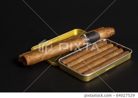 Open metal cigar box and cuban cigars 64027529