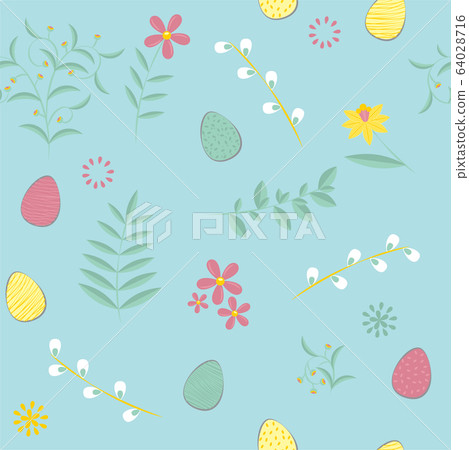 Easter pattern. Vector seamless texture with eggs, flowers. Childish seamless pattern in cartoon style. Seamless pattern can be used for pattern fills, web page backgrounds, surface textures Easter pattern. Vector seamless texture with eggs, flowers. Childish seamless pattern in cartoon style. Seamless pattern can be used for pattern fills, web page backgrounds, surface textures 64028716