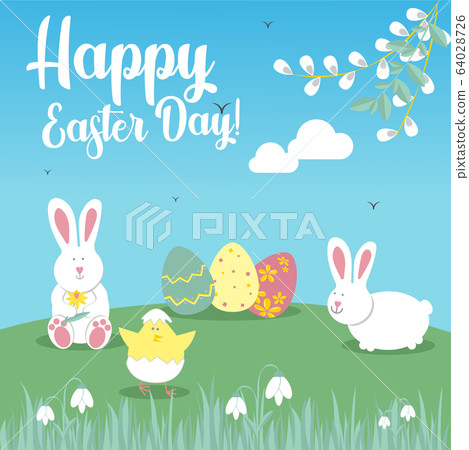 Easter greeting card with rabbit, chicken, egg. Vector illustrations for a poster, card, invitation or banner. Congratulations on the holiday. Happy Easter Easter greeting card with rabbit, chicken, egg. Vector illustrations for a poster, card, invitation or banner. Congratulations on the holiday. Happy Easter 64028726