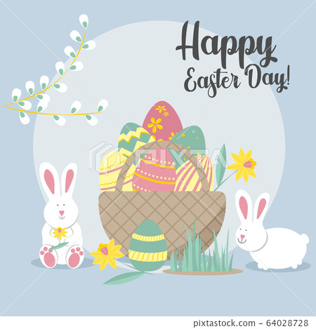 Easter greeting card with rabbits, egg basket, flowers. Vector illustrations for a poster, card, invitation or banner. Congratulations on the holiday. Happy Easter Easter greeting card with rabbits, egg basket, flowers. Vector illustrations for a poster, card, invitation or banner. Congratulations on the holiday. Happy Easter 64028728