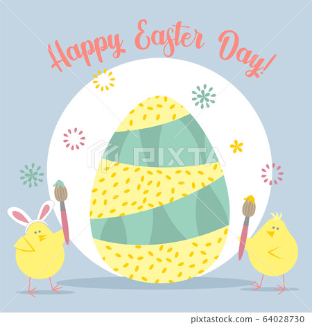 Easter greeting card with chickens paint an egg. Religious holiday vector illustration for poster, flyer. Happy Easter 64028730