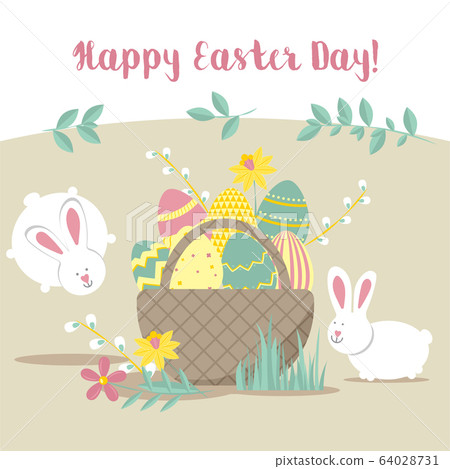 Easter greeting card with rabbits, egg basket, flowers. Vector illustrations for a poster, card, invitation or banner. Congratulations on the holiday. Happy Easter 64028731