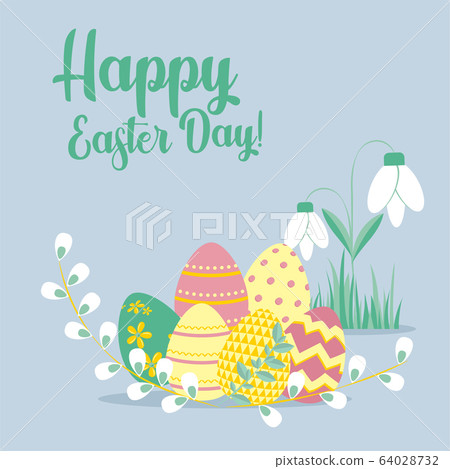 Easter greeting card with eggs and flowers Vector illustrations for a poster, card, invitation or banner. Congratulations on the holiday. Happy Easter 64028732