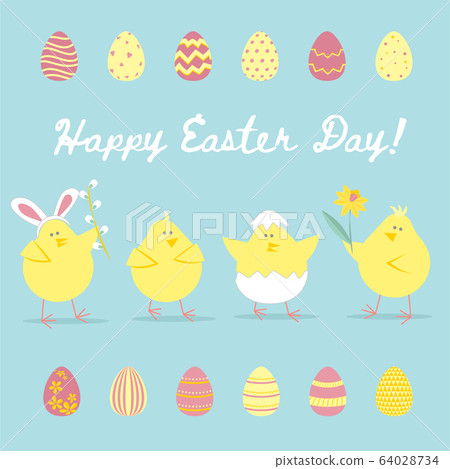 Easter greeting card with chicken, egg basket, flowers. Vector illustrations for a poster, card, invitation or banner. Congratulations on the holiday. Happy Easter Easter greeting card with chicken, egg basket, flowers. Vector illustrations for a poster, card, invitation or banner. Congratulations on the holiday. Happy Easter 64028734