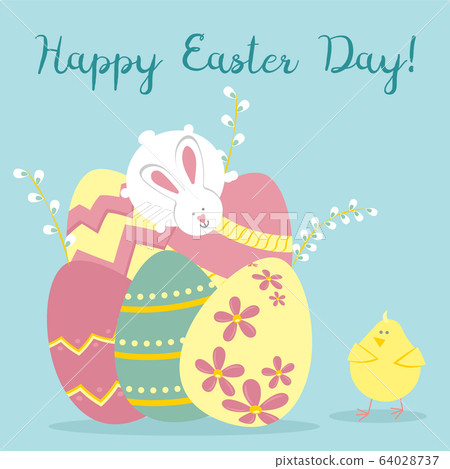 Easter greeting card with rabbit, chicken, egg. Vector illustrations for a poster, card, invitation or banner. Congratulations on the holiday. Happy Easter 64028737