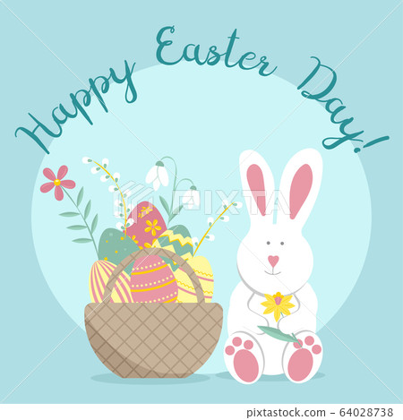 Easter greeting card with rabbit, egg basket, flowers. Vector illustrations for a poster, card, invitation or banner. Congratulations on the holiday. Happy Easter Easter greeting card with rabbit, egg basket, flowers. Vector illustrations for a poster, card, invitation or banner. Congratulations on the holiday. Happy Easter 64028738