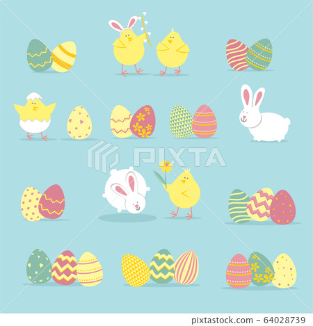 Easter illustration with eggs, rabbits and chickens. Religious holiday vector illustration for poster, flyer. Happy Easter Easter illustration with eggs, rabbits and chickens. Religious holiday vector illustration for poster, flyer. Happy Easter 64028739