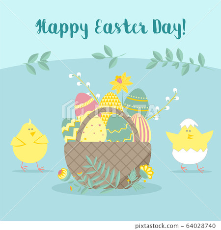 Easter greeting card with chicken, egg basket, flowers. Vector illustrations for a poster, card, invitation or banner. Congratulations on the holiday. Happy Easter 64028740