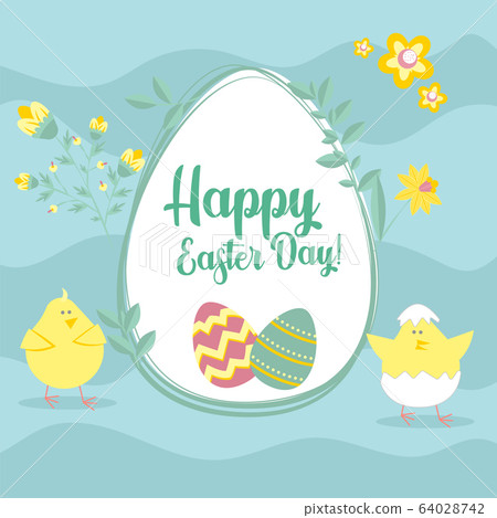 Easter greeting card in the egg shape with flowers and chikens. Religious holiday vector illustration for poster, flyer. Happy Easter Easter greeting card in the egg shape with flowers and chikens. Religious holiday vector illustration for poster, flyer. Happy Easter 64028742