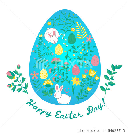 Easter greeting card in the egg shape with flowers and rabbts. Religious holiday vector illustration for poster, flyer. Happy Easter Easter greeting card in the egg shape with flowers and rabbts. Religious holiday vector illustration for poster, flyer. Happy Easter 64028743
