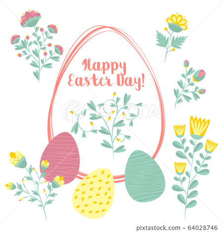 Easter greeting card in the egg shape with flowers. Religious holiday vector illustration for poster, flyer. Decorating eggs with flowers. Happy Easter Easter greeting card in the egg shape with flowers. Religious holiday vector illustration for poster, flyer. Decorating eggs with flowers. Happy Easter 64028746