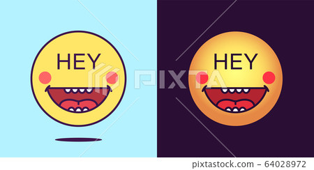 Emoji face icon with phrase Hey. Cheerful emoticon 64028972