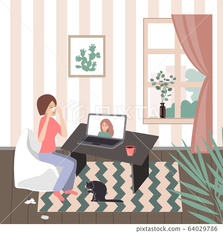 Crying woman seating at her desk in front of her laptop having an online call with her therapist. Vector illustration 64029786