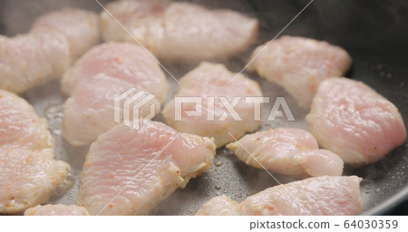turkey fillet pieces frying on nonstick pan turkey fillet pieces frying on nonstick pan 64030359