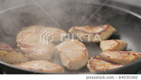 turkey fillet pieces frying on nonstick pan turkey fillet pieces frying on nonstick pan 64030360