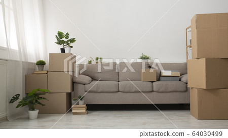 Modern living room with new repair and cardboard boxes Modern living room with new repair and cardboard boxes 64030499