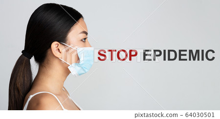 Coronavirus spread hazard. Young Asian girl wearing medical mask and phrase STOP EPIDEMIC on grey background, collage 64030501
