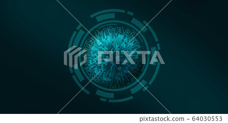 Medical illustration with coronavirus cell under microscope on dark blue background Medical illustration with coronavirus cell under microscope on dark blue background 64030553