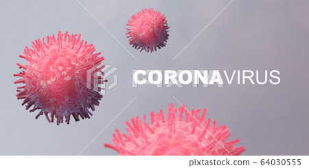 Pandemic danger. Microscopic view of contagious disease cells and word CORONAVIRUS on grey background 64030555