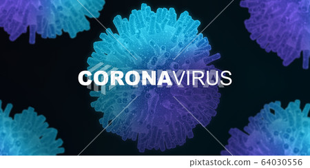 Macro illustration with respiratory influenza cells and word CORONAVIRUS, black background 64030556