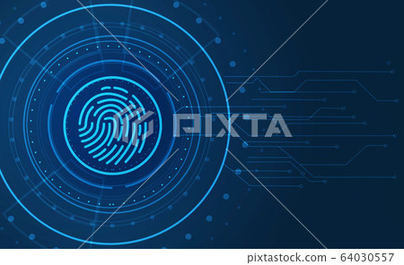Cyber security concept. Biometric recognition system with fingermark lock, empty space for design. Illustration Cyber security concept. Biometric recognition system with fingermark lock, empty space for design. Illustration 64030557