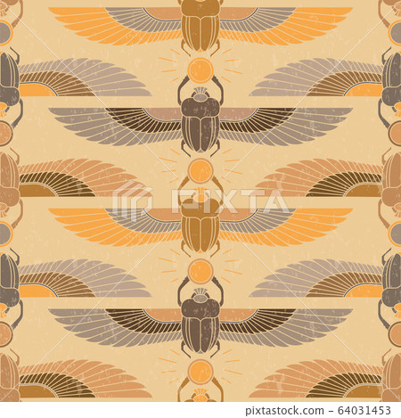 Symbols of ancient Egypt in the form of a nonsense pattern with an illustration of a scarab beetle 64031453