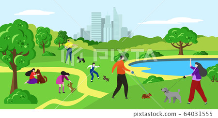People with pet dog in park vector illustration, cartoon flat happy woman man pet owner characters walk, play with dog together 64031555